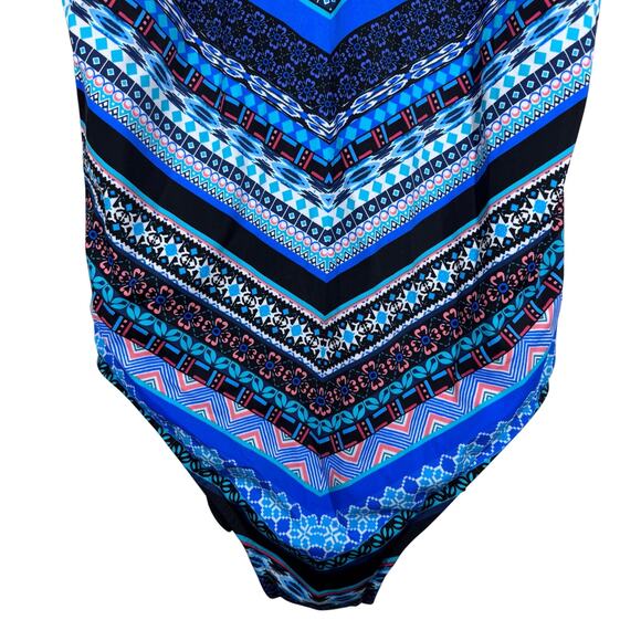Trimshaper One-Piece Chevron Floral Blue Swimsuit Women's 18 Boho Beach Vacation - Picture 3 of 7